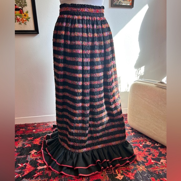 1970s Bilboquet Canada Ribbon Patchwork Folk Cottagecore Ruffle Maxi Skirt - Picture 7 of 7